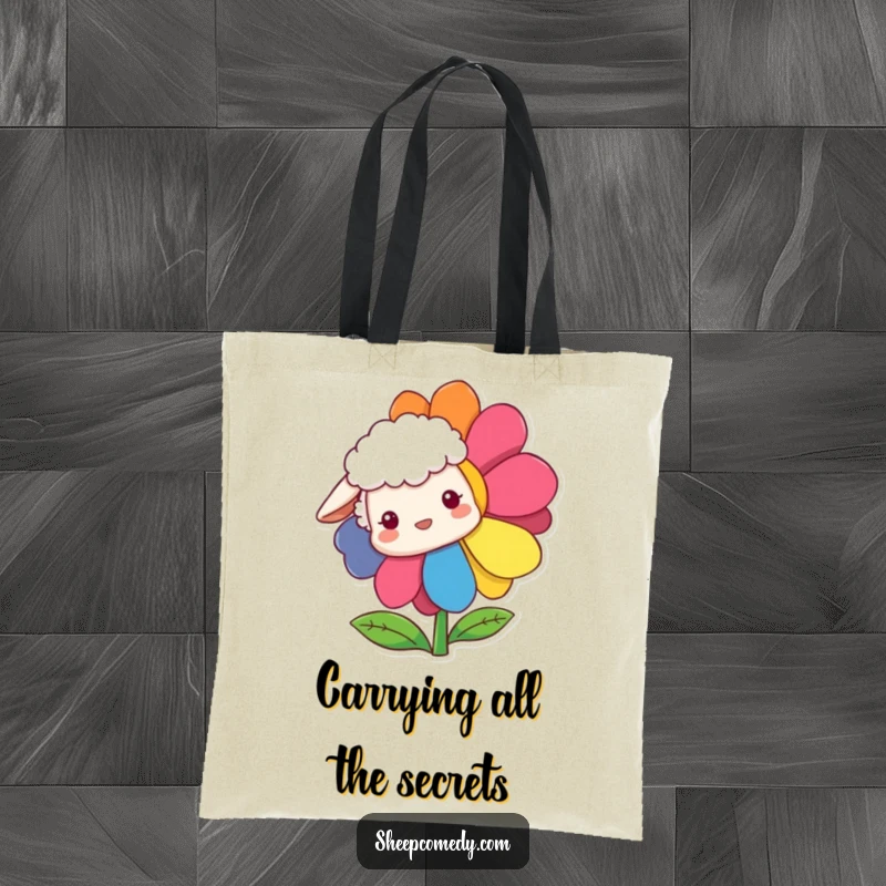 Funny Sheep Tote Bag showing a sheep curiously peeking from behind a beautiful rainbow-colored flower, a scene of gentle humor.