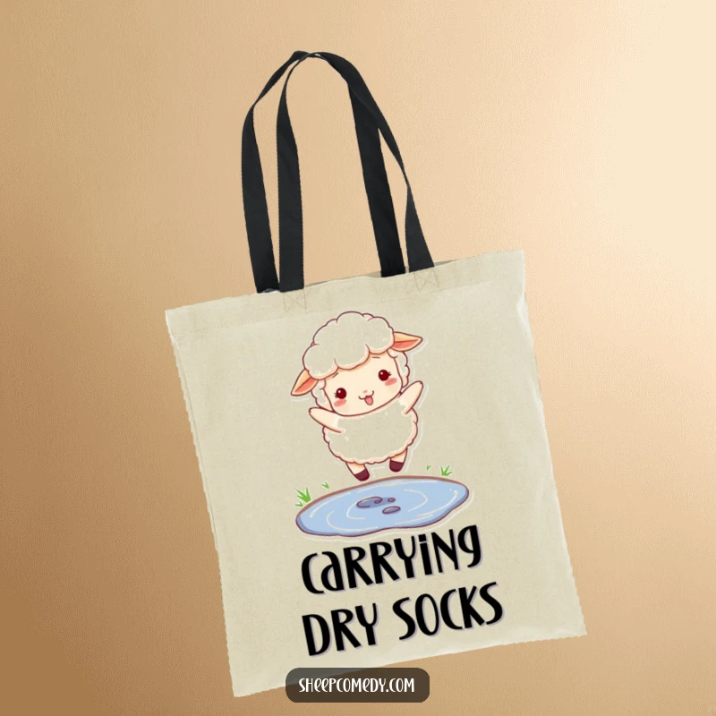 Funny tote bag featuring a fluffy sheep with woolly texture, playfully jumping over a tiny puddle.
