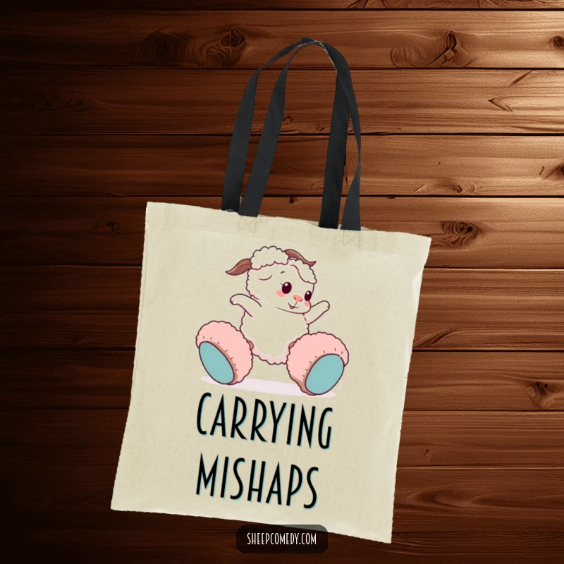 Funny sheep tote bag: a playful sheep character comically trips while wearing giant fuzzy slippers, perfect for carrying your humor.
