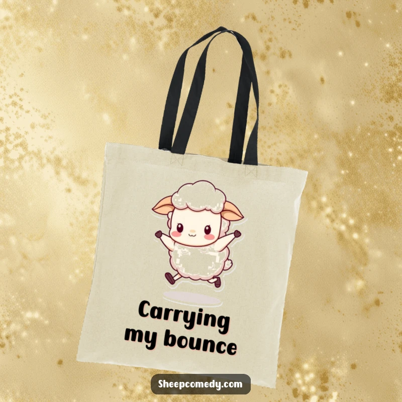 Funny sheep character in a rhythmic skip, wool bobbing merrily, featured on a durable and funny tote bag.