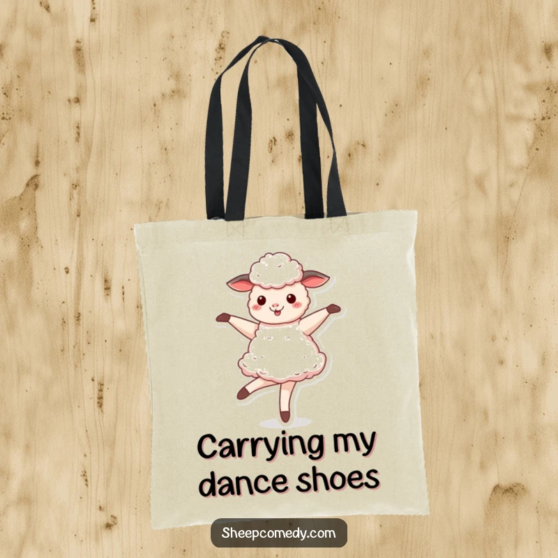 Funny Sheep tote bag showing a sheep mid-twirl, dressed as a ballerina, ready to dance its way through the day.