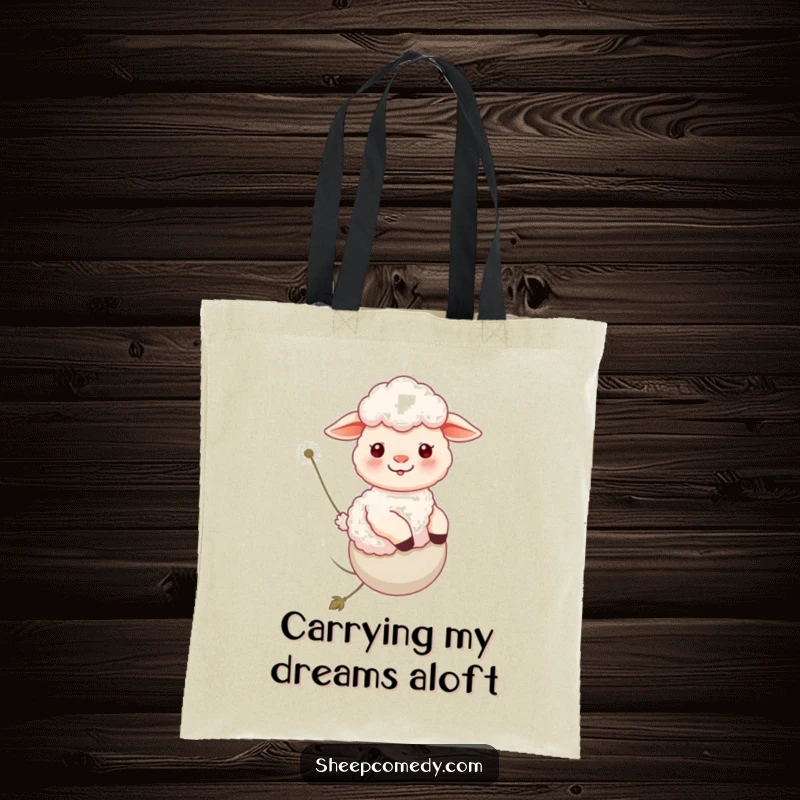 Funny Sheep Tote Bag: A smiling sheep enjoys a gentle float on a large dandelion, ideal for everyday use.