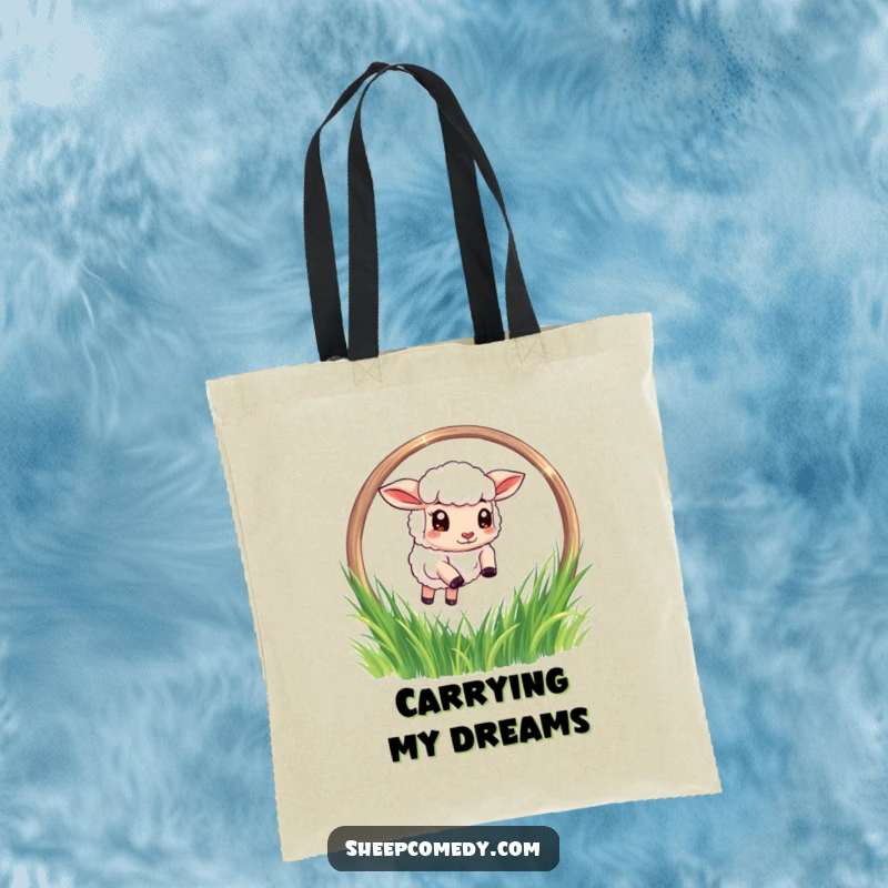Funny Sheep Tote Bag: A determined sheep character impressively leaping through a shimmering grass hoop, ideal for carrying groceries with humor.