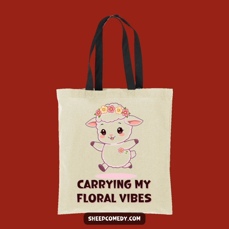 Funny Sheep Cub Skipping Tote Bag, Adorable Flower Wreath, Eco-Friendly Funny Gift