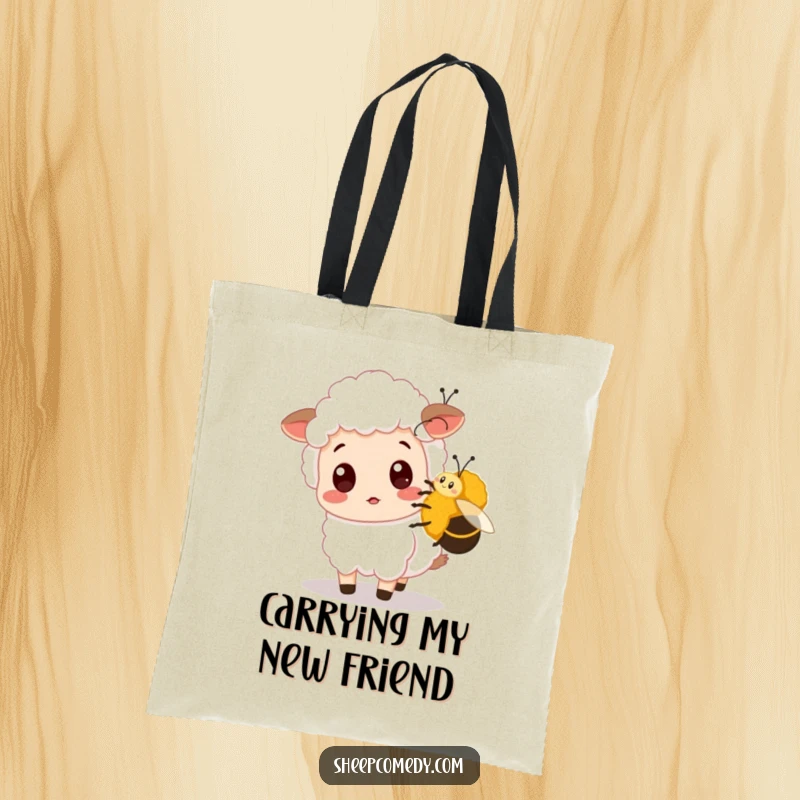 Funny Sheep Tote Bag depicts a surprised sheep being nudged by a bumblebee, perfect for shopping and essentials with a humorous and endearing vibe.