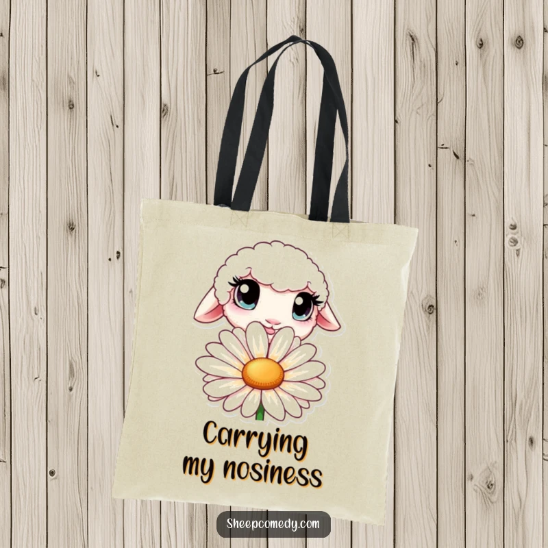 Funny tote bag featuring a sheep with large, curious eyes peeking from behind a prominent daisy.