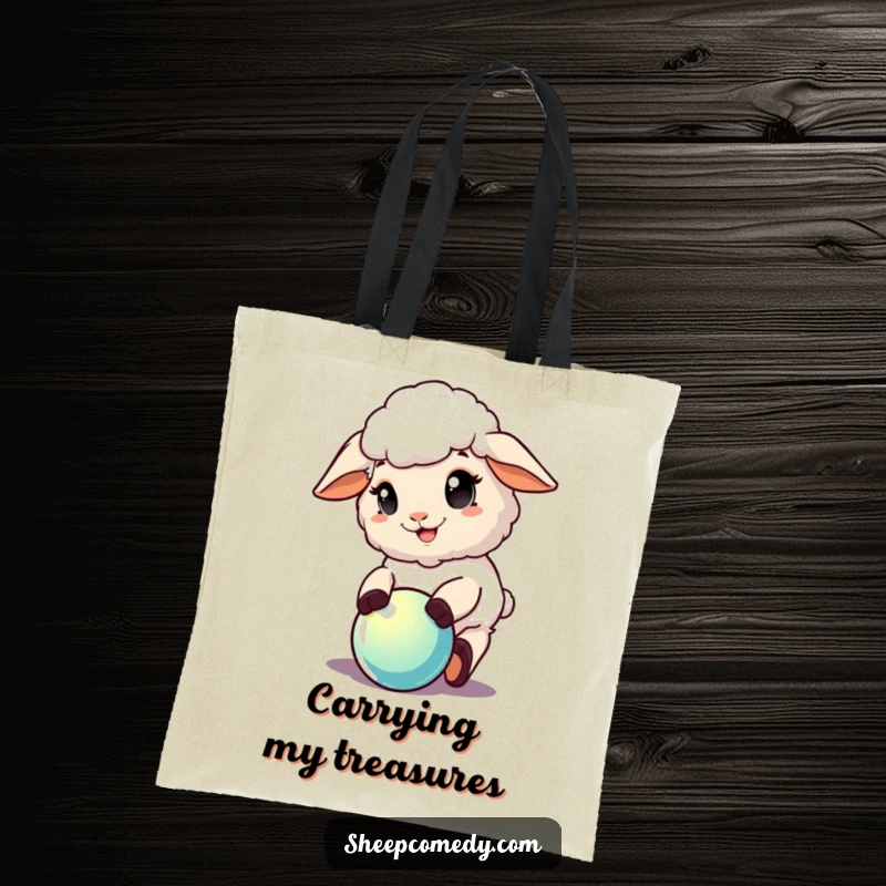 Funny Sheep Tote Bag: A delighted sheep character playing enthusiastically with a shiny ball, perfect for carrying your fun.