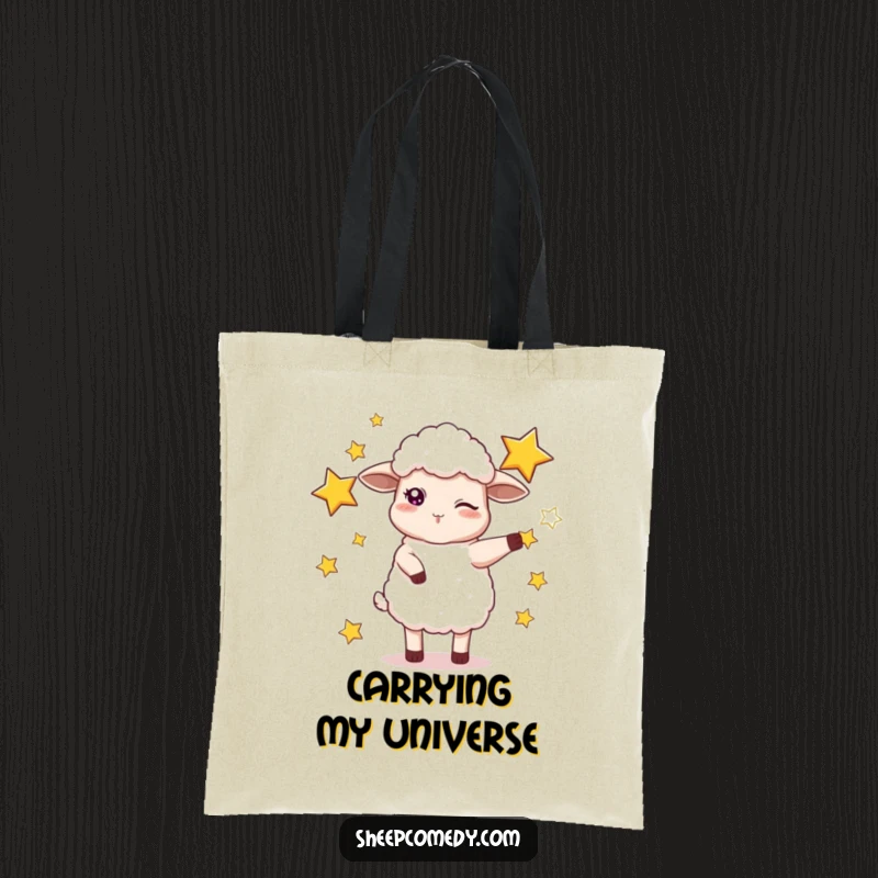Funny tote bag with a mischievous sheep winking while juggling large, luminous stars, great for everyday use.