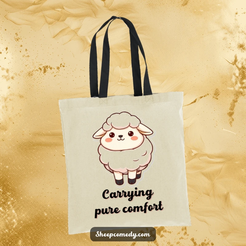 Funny sheep character with a contented smile and soft wool, displayed on a durable and funny tote bag.