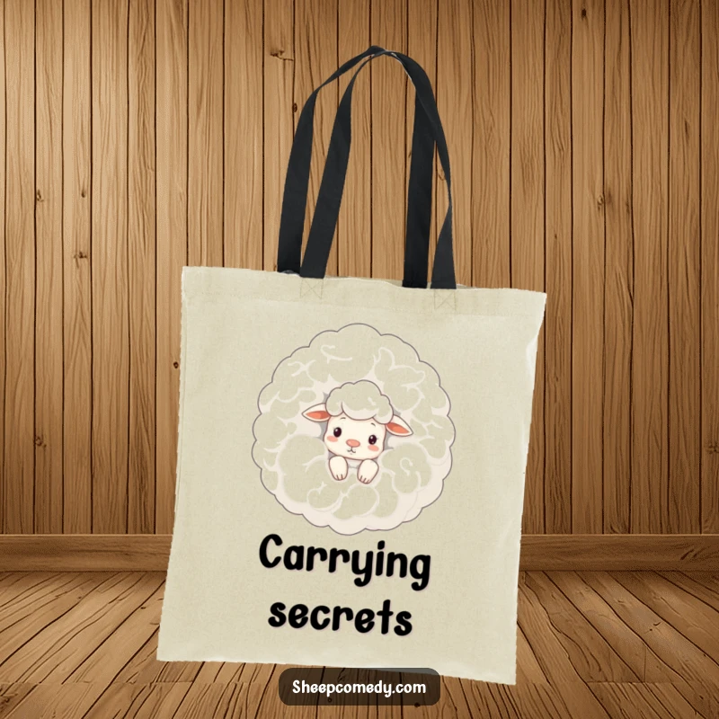 Funny sheep tote bag: a curious sheep peeks from behind a large, woolly cloud, perfect for carrying your secrets and essentials.