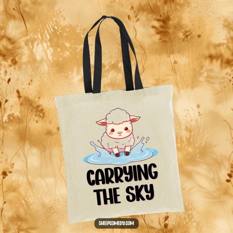 Funny tote bag with a sheep character playfully splashing in a puddle reflecting bright blue sky, a whimsical and practical accessory.