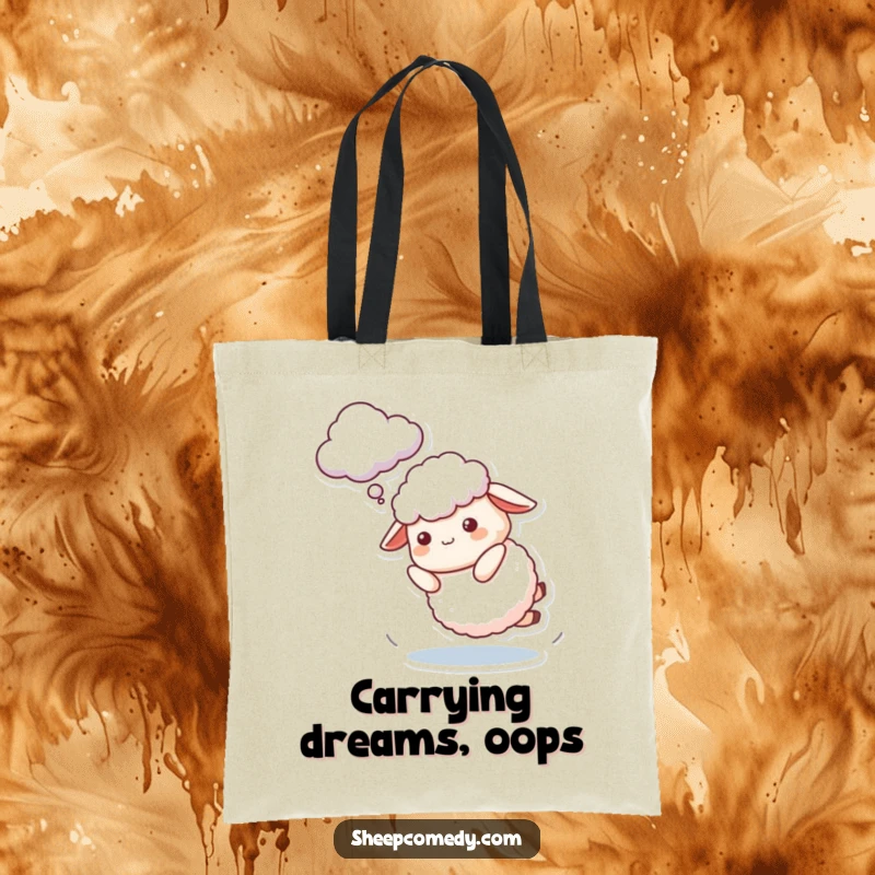 Funny Sheep Tote Bag showcasing a character playfully tripping while attempting to catch a cloud, ideal for carrying items with humorous ambition.