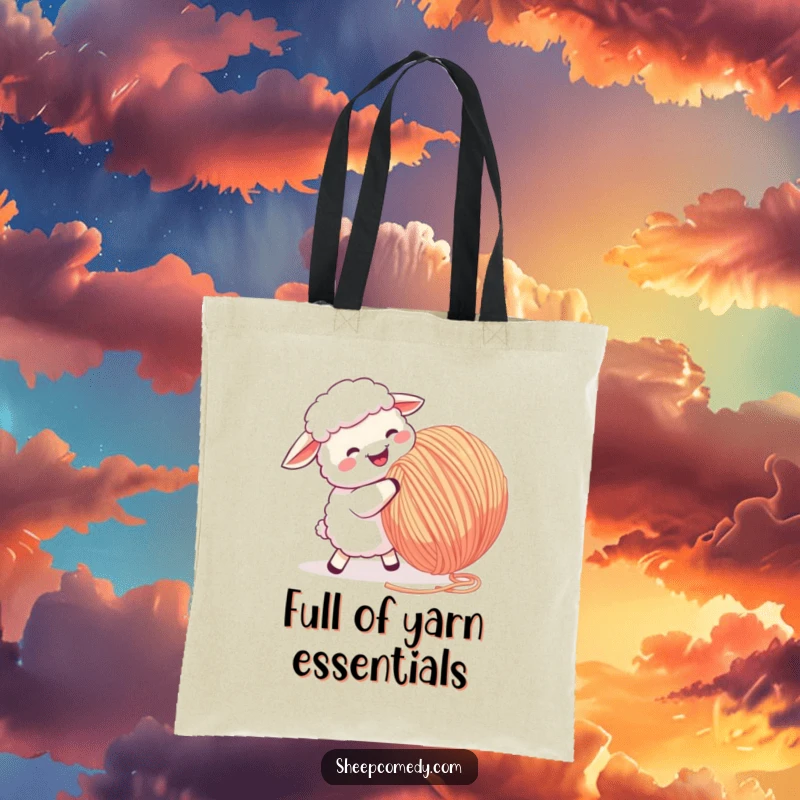 Funny Sheep Tote Bag: A sheep enthusiastically butts a large ball of yarn, making a humorous and practical accessory.
