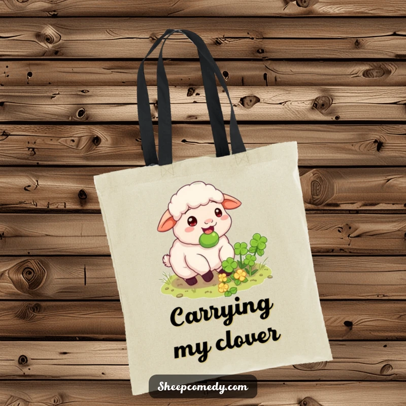 Funny sheep tote bag with a happy sheep munching on a hidden clover patch, a humorous and practical accessory.