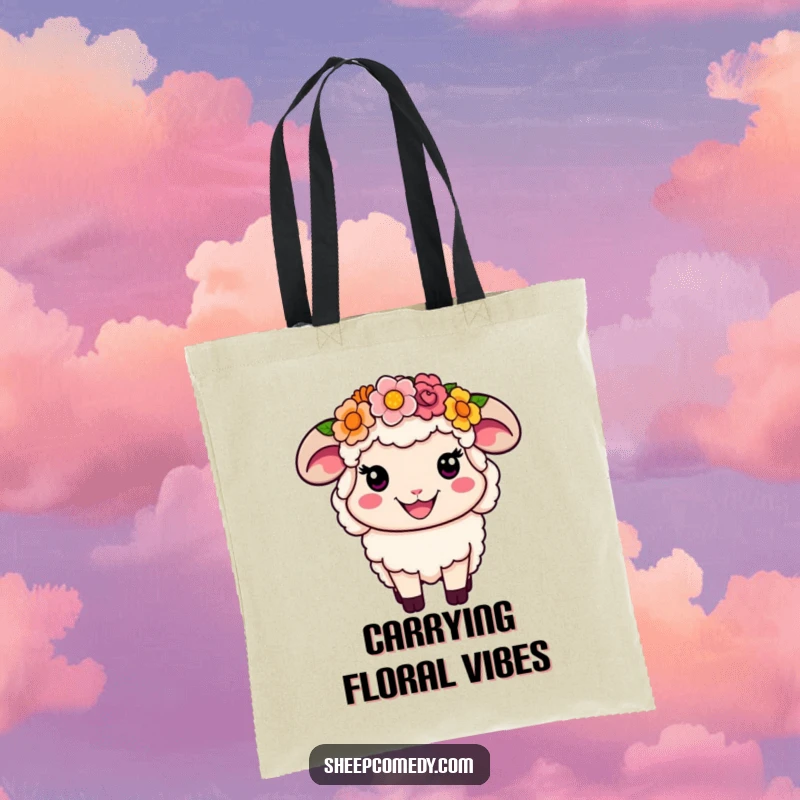 Funny Flower Crown Sheep Tote Bag: A smiling sheep with a colorful flower crown, a humorous and stylish accessory.