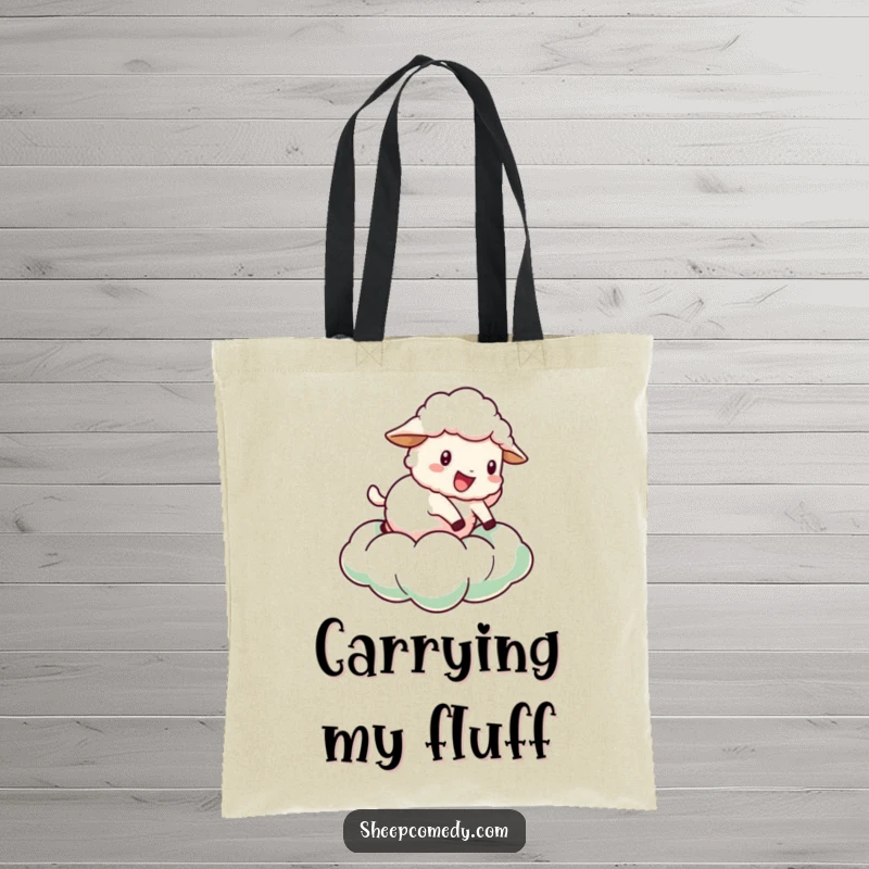 Funny Sheep Tote Bag: A sheep character bouncing playfully on a fluffy green cloud, a charming and practical accessory.