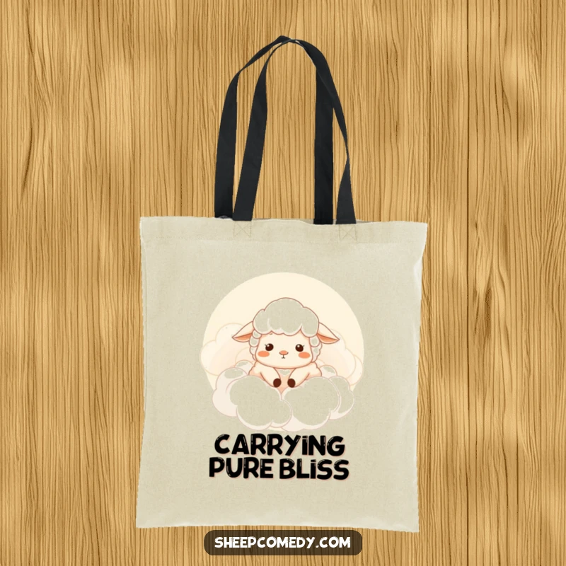 Funny sheep tote bag, contented sheep sighing in soft clouds, for carrying items with whimsical peace, a funny gift.