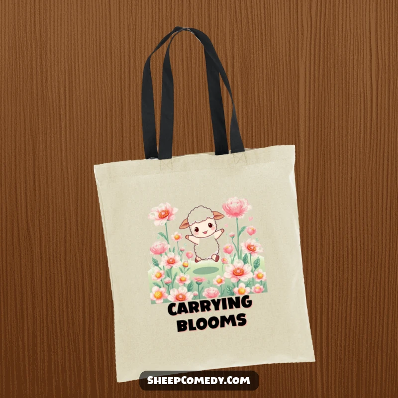 Funny sheep tote bag: a joyful sheep character skips happily through a field of giant, shimmering flowers, perfect for carrying your day.