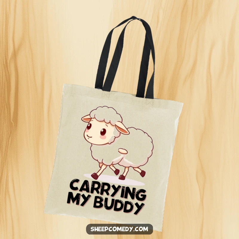 Funny tote bag showcasing a sheep character with wobbly legs walking with a friend, perfect for carrying essentials and celebrating friendship.