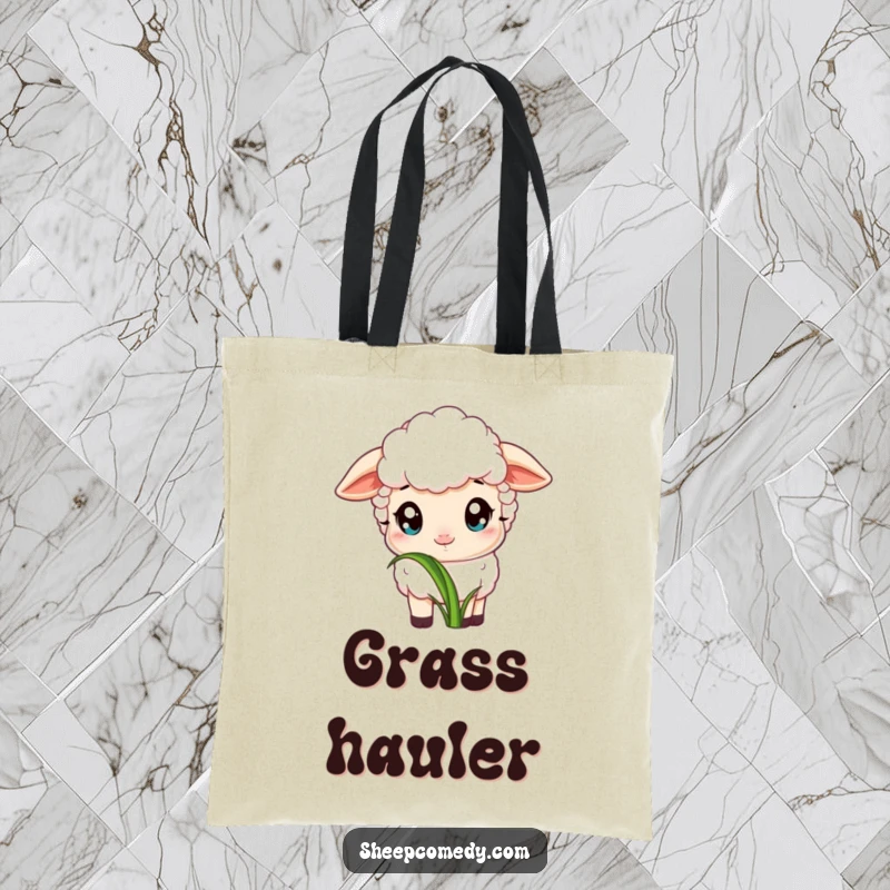 Funny tote bag with a sheep sporting wide, innocent eyes, contentedly nibbling on a particularly appetizing blade of grass.
