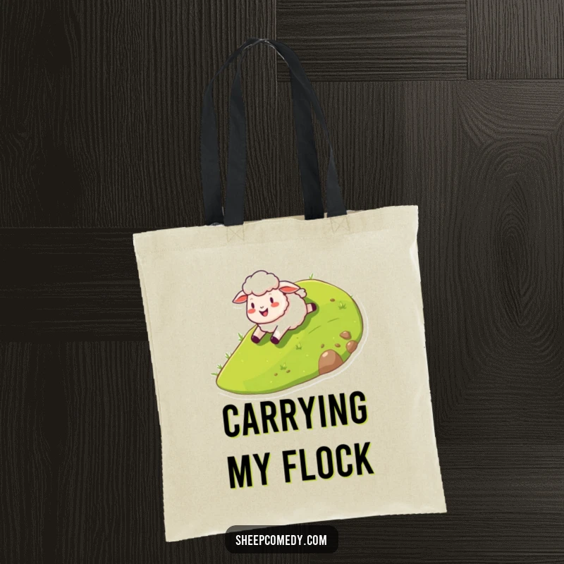 Funny sheep tote bag illustrating a happy sheep character gleefully sliding down a stylized grassy hill, with a joyful expression.