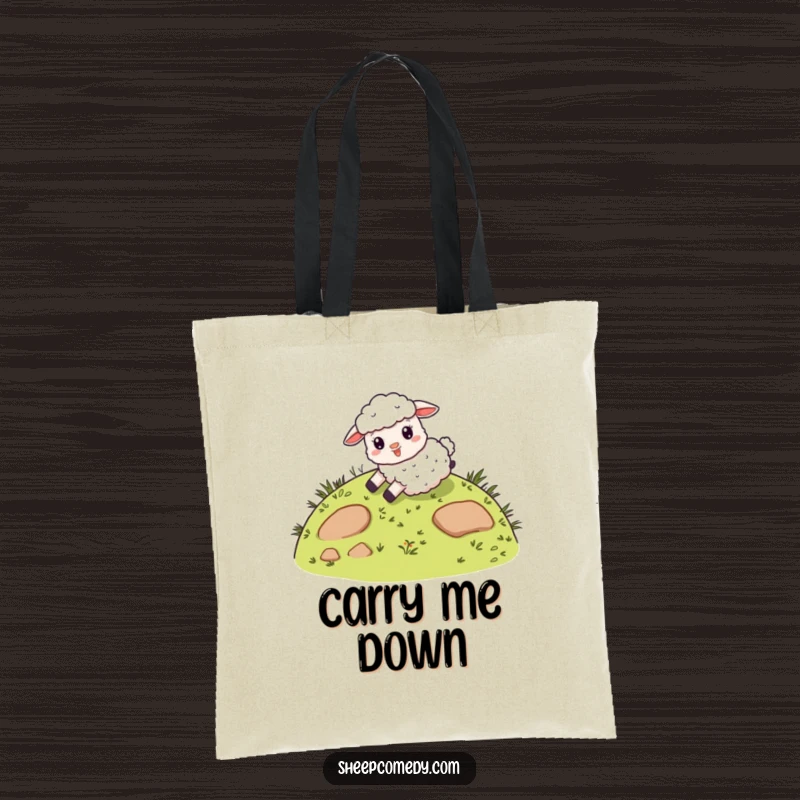 Funny tote bag with a giddy sheep character sliding down a whimsical, grassy hill, perfect for carrying items with a delightful sense of fun.