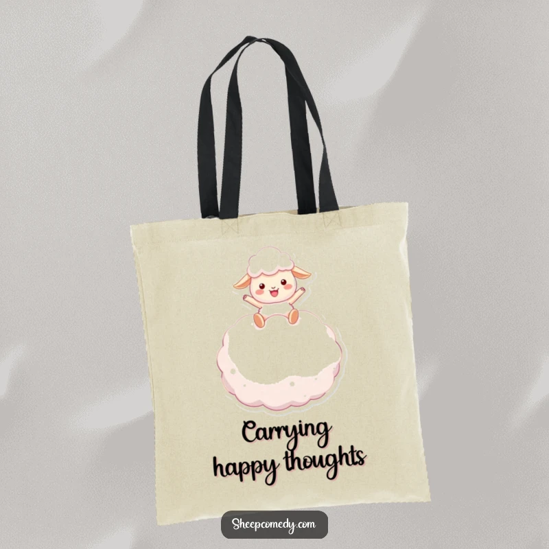 Funny sheep tote bag: a gleeful sheep character bounces on a giant, fluffy marshmallow, perfect for carrying your joy and essentials.