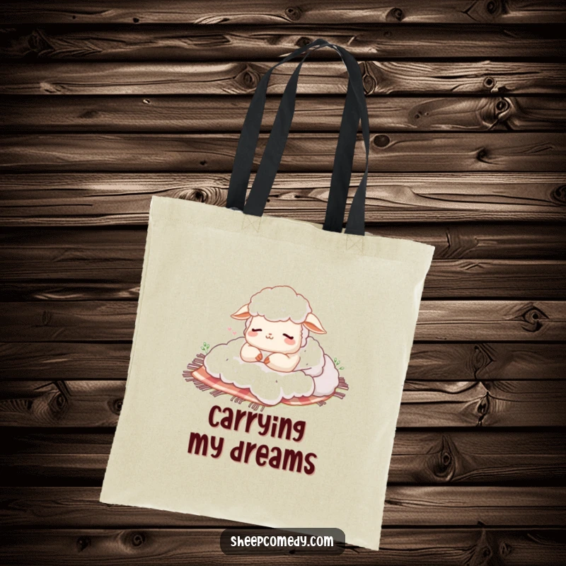 Funny tote bag with a sheep character napping with a happy sigh on a fluffy picnic blanket, a whimsical and practical accessory.