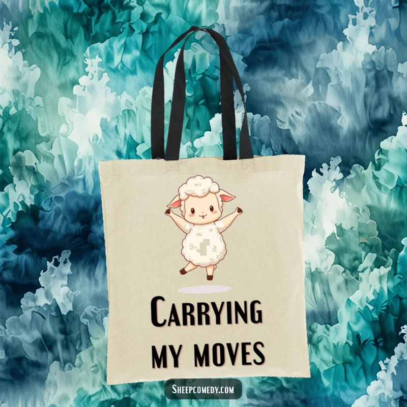 Funny Sheep tote bag depicting a sheep doing a wobbly, happy pirouette, a charming and humorous accessory.