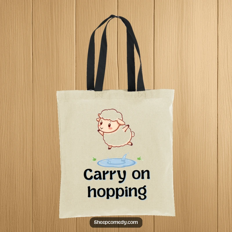Funny sheep tote bag with a determined sheep jumping over a sparkling puddle, a humorous and practical accessory.