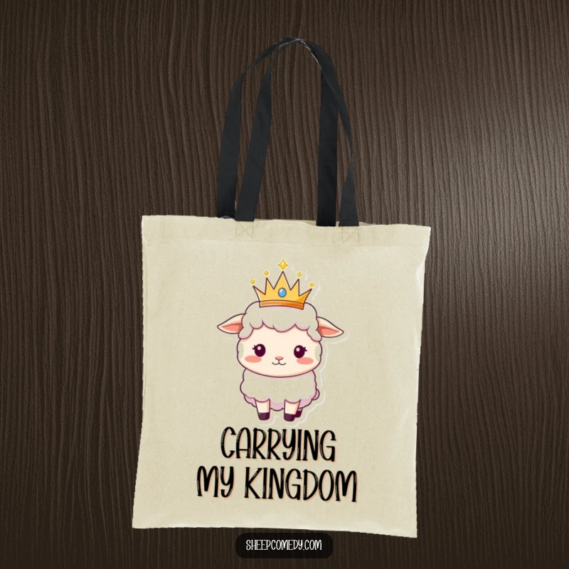 Funny Sheep tote bag showing a sheep confidently balancing a small, sparkly crown on its head, looking like royalty.