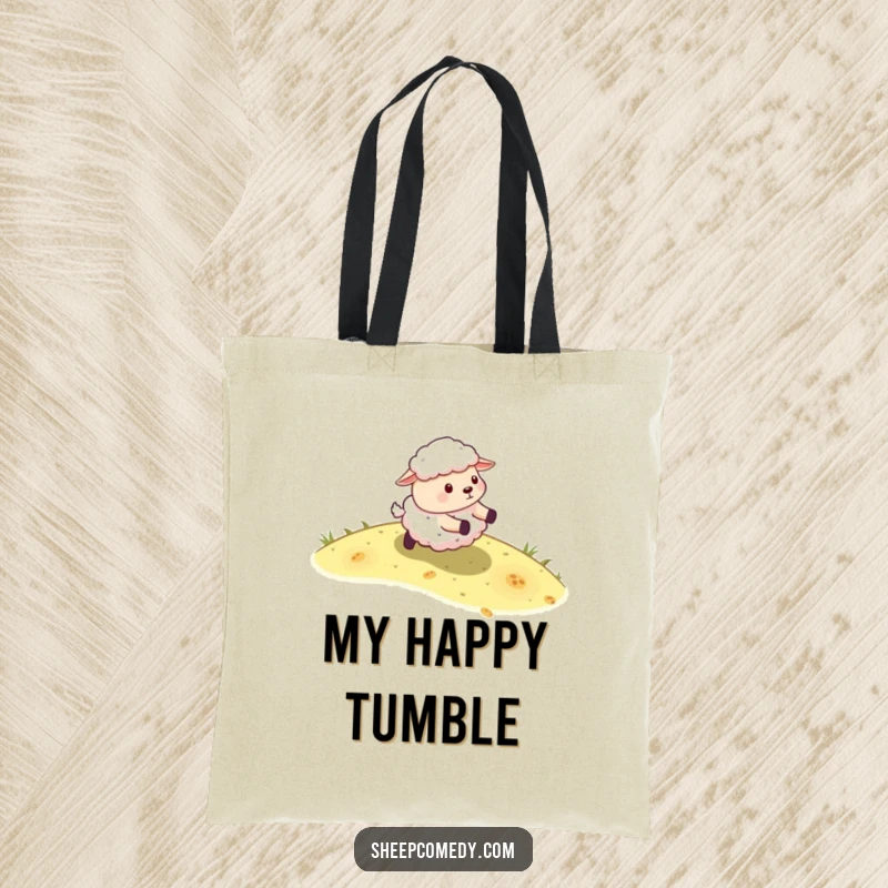 Funny Sheep Tote Bag: A sheep character energetically rolling down a grassy slope, a charming and practical accessory.