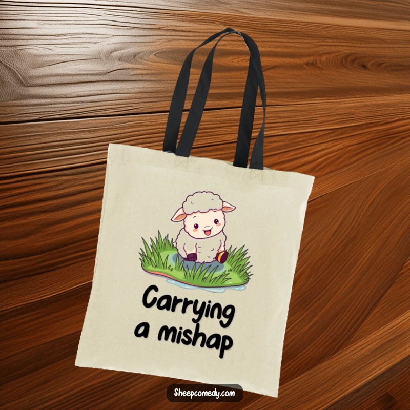 Funny Sheep Tote Bag showing a sheep comically slipping on a slippery patch of wet grass, a scene of pure amusement.