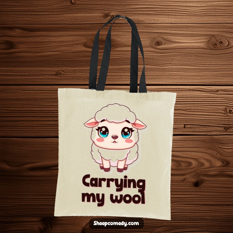 Funny Sheep Tote Bag of an innocent sheep character looking surprised with wide, innocent eyes, adding charm.