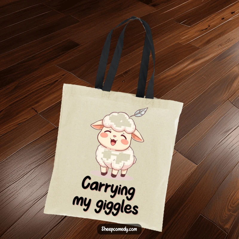 Funny sheep tote bag, a sheep character bursts into giggles from a gentle feather tickle, durable humorous gift.