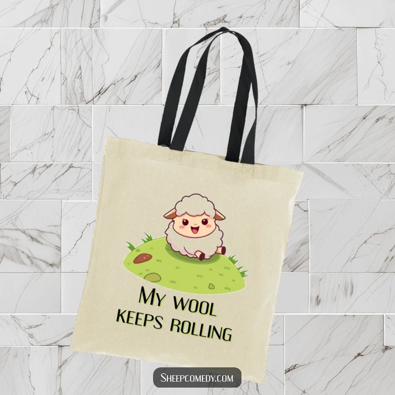 Funny sheep tote bag with a fluffy character joyfully rolling down a grassy hill, offering a humorous carrying solution.