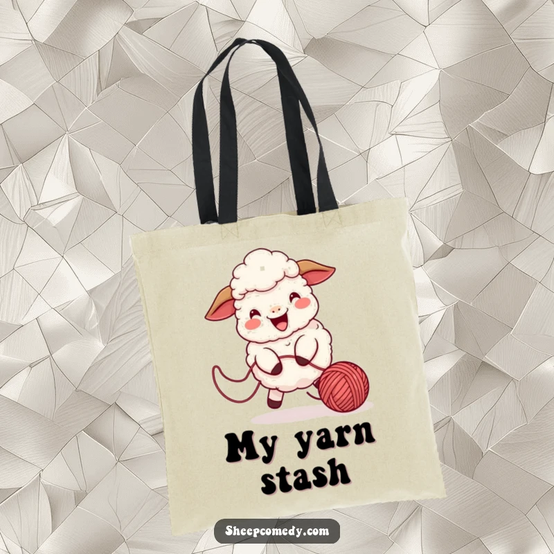 Funny sheep tote bag with a playful character chasing a bouncing ball of yarn, a fun and practical accessory.