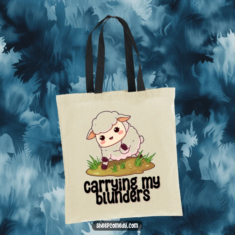 Funny Slipping Sheep Tote Bag: A humorous tote showcasing a sheep comically slipping on shiny, wet grass.