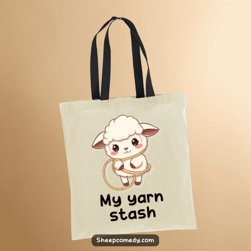 Funny Sheep Tote Bag depicts a sheep playfully tangled in yarn, perfect for carrying craft supplies and essentials with a humorous vibe.