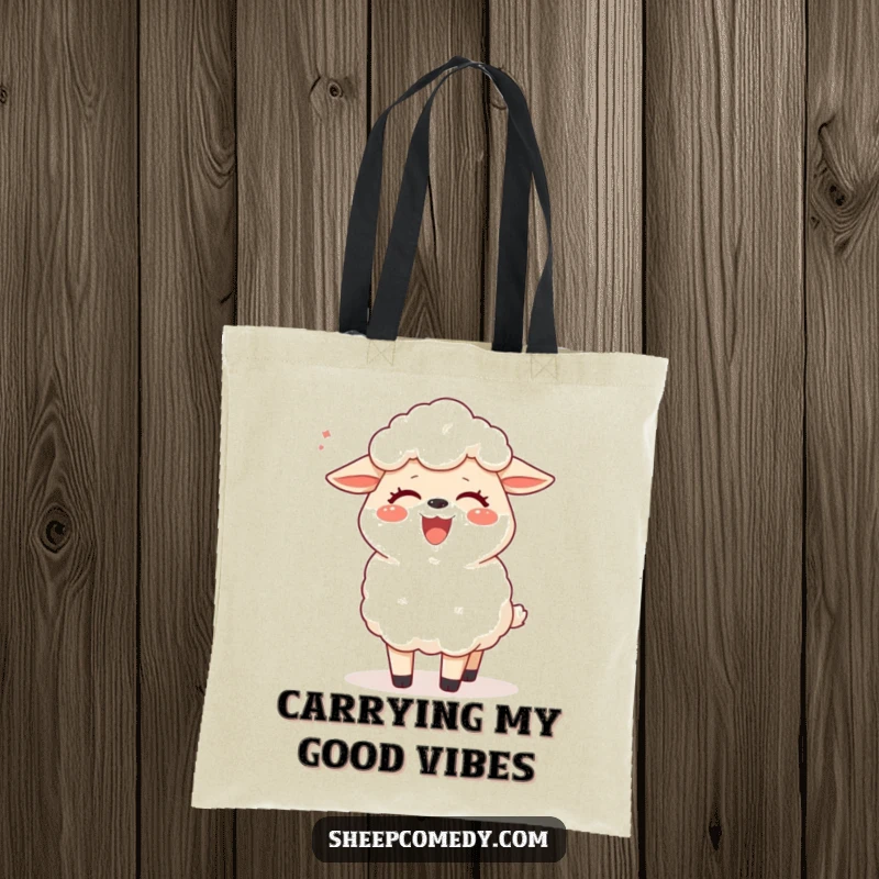 Funny sheep tote bag with a happy sheep giggling from a gentle breeze tickle, ideal for carrying essentials with a smile.