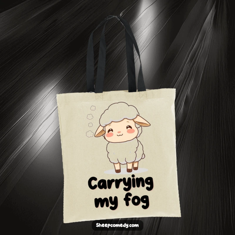 Funny sheep character blowing a soft mist with a happy exhale, displayed on a durable and funny tote bag.