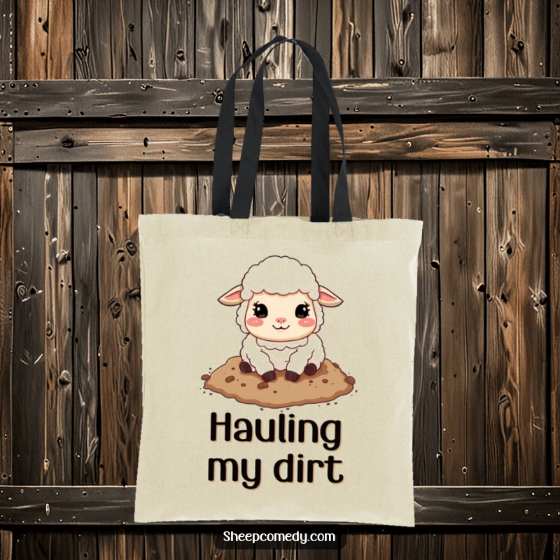 Funny sheep tote bag showing a sheep's pure joy as it rolls in soft dirt, a whimsical accessory for carrying fun.