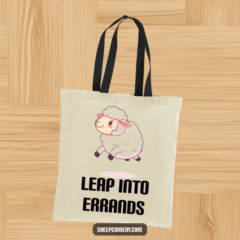 Funny kawaii sheep bouncing tote bag, featuring a fluffy sheep in mid-leap, perfect for carrying groceries or daily items.